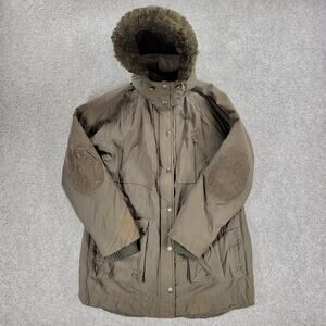 Tommy Hilfiger Parka Womens L Green Elbow Patches Removeable Hood Winter Coat